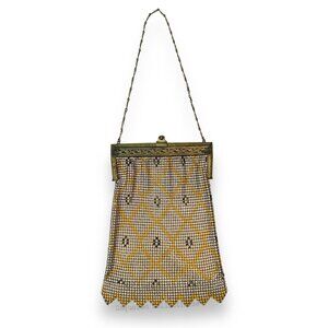 Antique Art Deco Whiting & Davis Enamel Mesh Chain Maille Purse Brass Frame